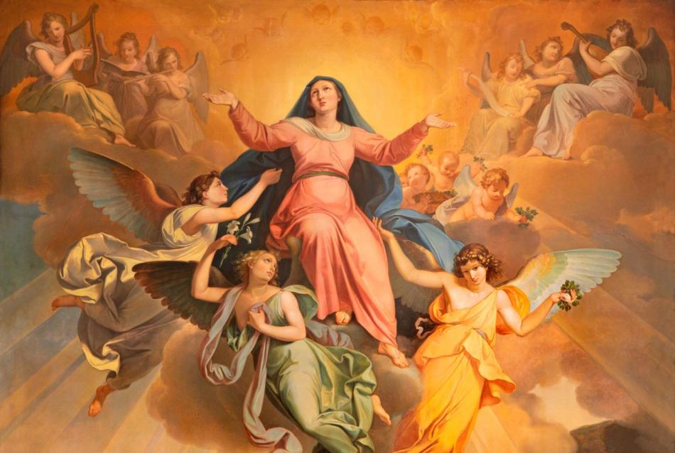 Mária mennybevétele Giuseppe Craffonara 1830-as festményén az olaszországi Riva Del Garda Santa Maria Assunta templomában